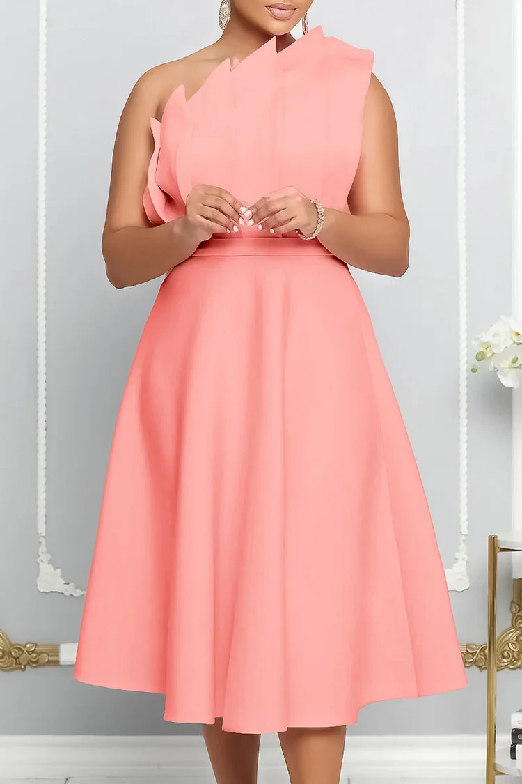 Pleated Trim One-Shoulder A-Line Formal Party Midi Dresses-Pink