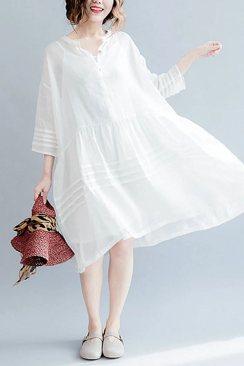 White Casual Big Hem Linen Summer Shirt Dresses Women Clothing Q3108