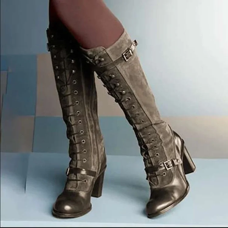 Women's Thick Heel Rivet Lace Up Long Women's Boots