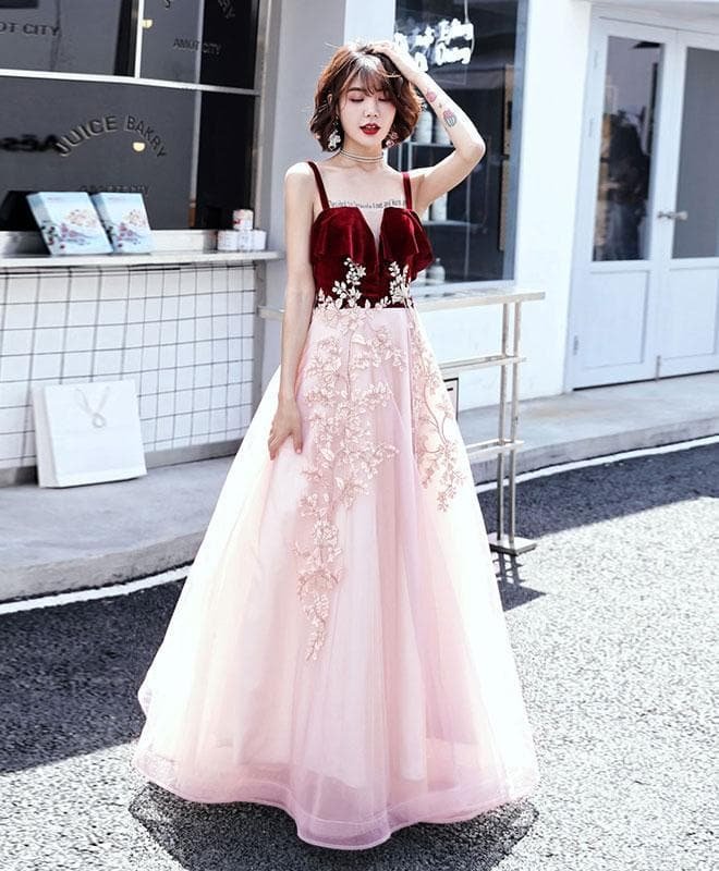 Pink Sweetheart Tulle Lace Long Prom Dress, Pink Evening Dress