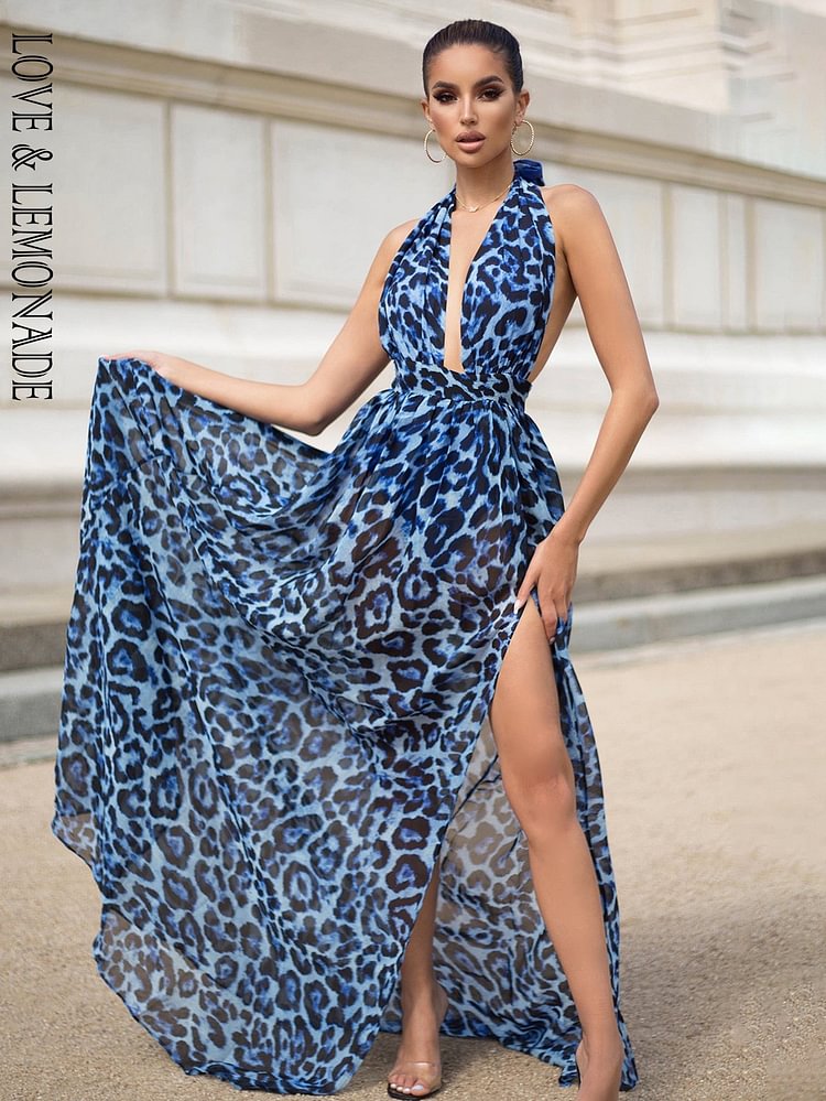 Sexy Blue V-Neck Open Back Cut Out Leopard Chiffon Summer Long Dress LM81049 - BlackFridayBuys