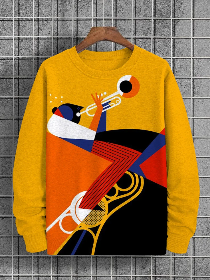 Men's Retro Color Block Splicing Art Trumpeter Abstract Print Casual Sweatshirt