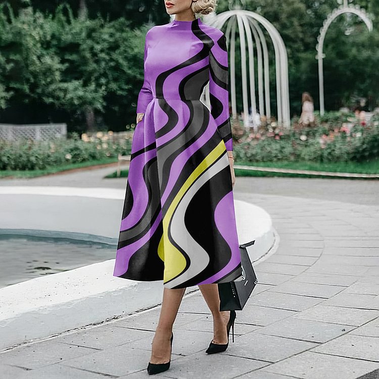 Round Neck Wavy Contrast Slip Pocket Midi Dress