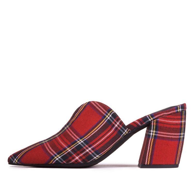 Women's Red Plaid Block Heel Mules Pumps |FSJ Shoes