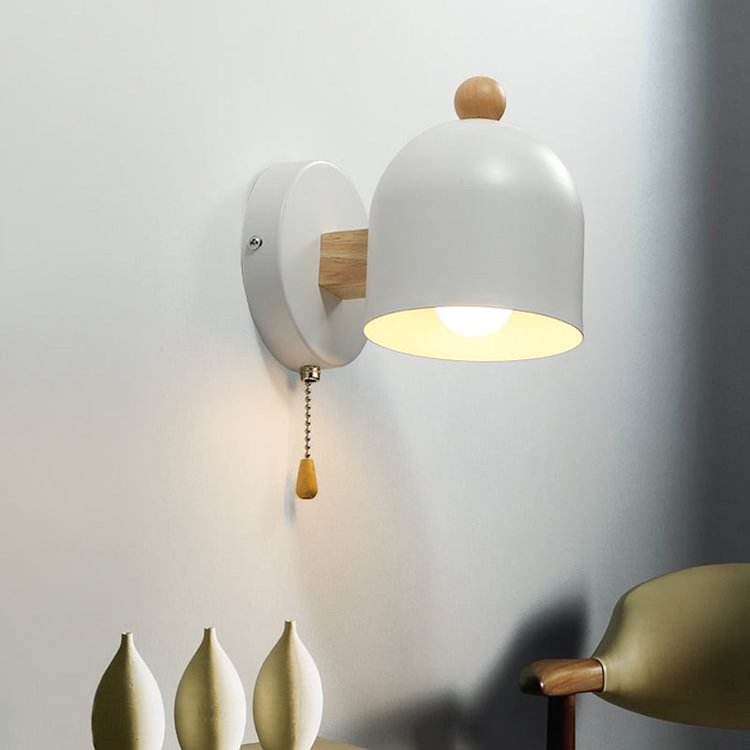 Tube Metal Wall Lamp Contemporary 1 Head White Sconce Light Fixture with Swing Wood Arm and Pull Chain
