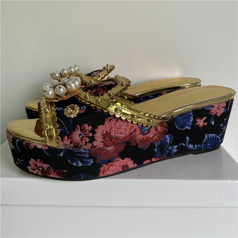 TAAFO Embroidery Flower Satin Sandals Women High Platform Wedges Slingbacks Rivet Diamond Crystal Buckle Party Shoes 