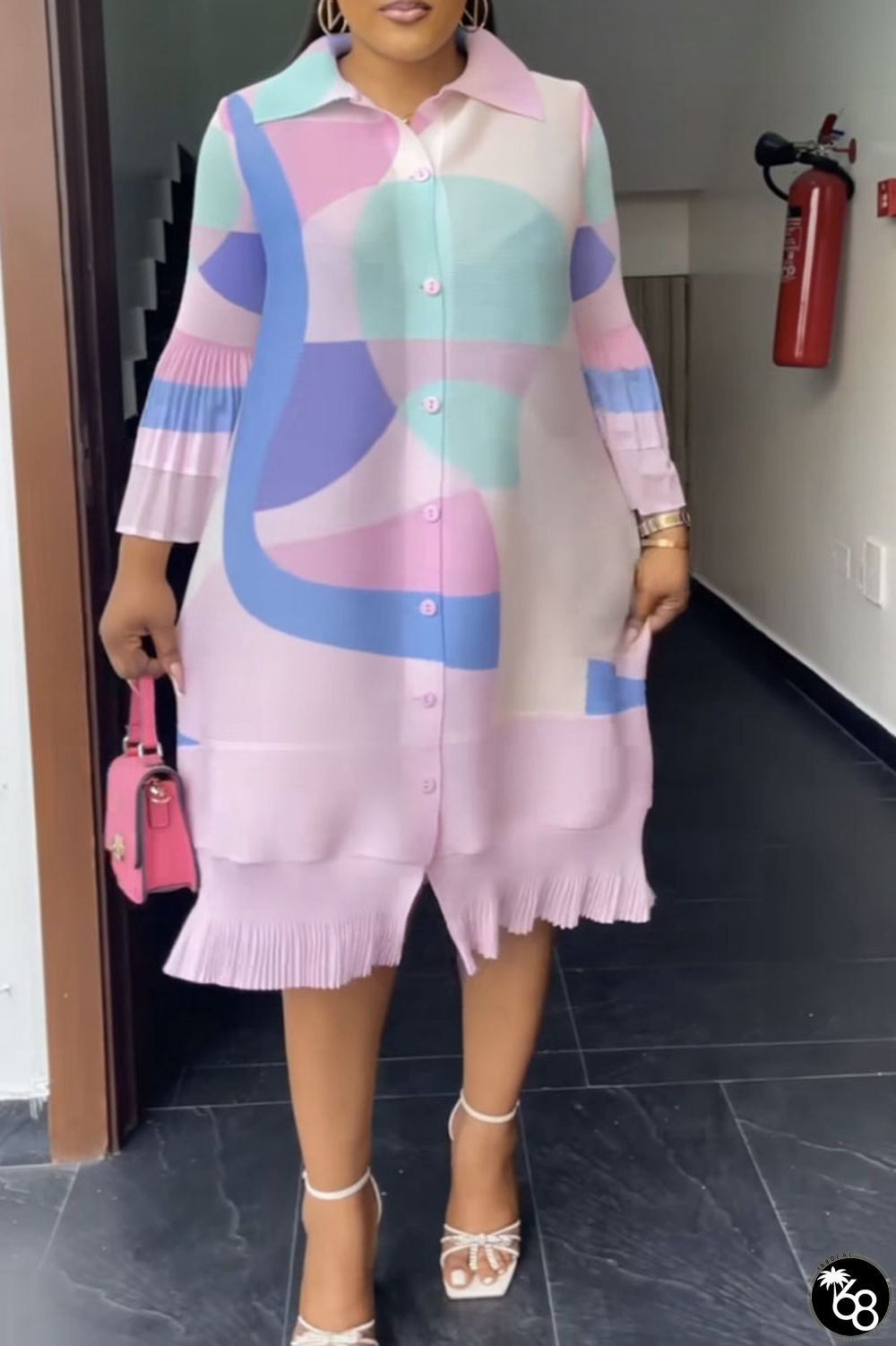 Pink Casual Elegant Print Patchwork Buckle Flounce Fold Turndown Collar Straight Dresses | 168DEAL