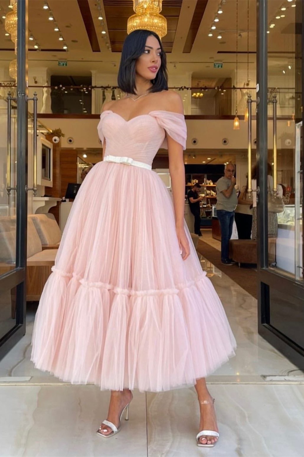 Dresseswow Off-the-Shoulder Pink Sweetheart Prom Dress Tulle With Belt