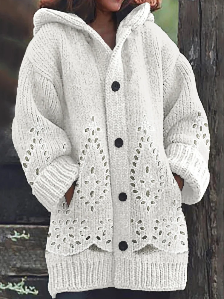 Floral Hollow Embroidered Lace Cozy Knit Hooded Cardigan