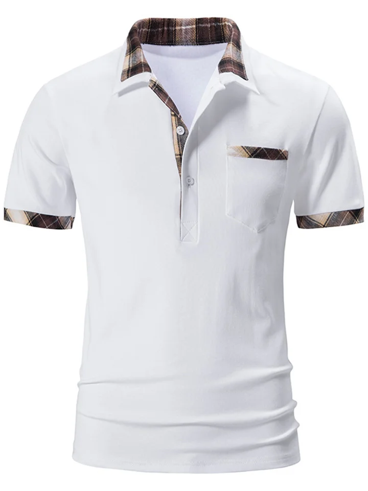 New Men's Short-sleeved Basic Models Lapel Polo Shirt Men's Plaid Color Blocking T-shirt Casual Fashion Urban Style Tops-Cosfine