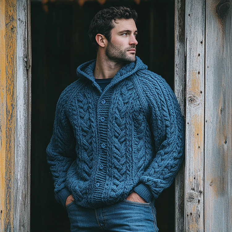 Men'S Vintage Burlap Jacquard Hooded Button-Up Sweater