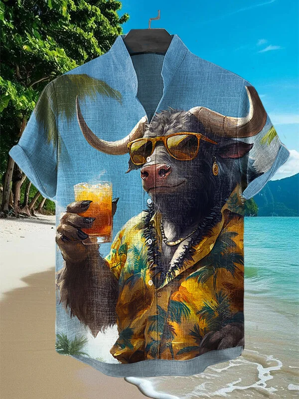 Men's Cow Drinking Beer On Vacation Art Print Casual Shirt