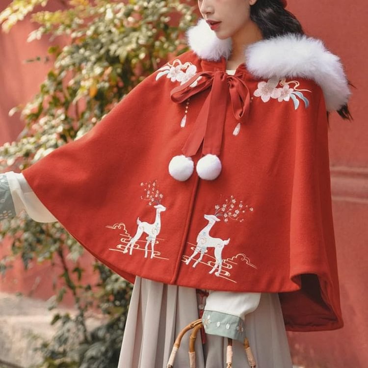 Red Kawaii Sika Deer Woolen Hoodie Coat SP14515
