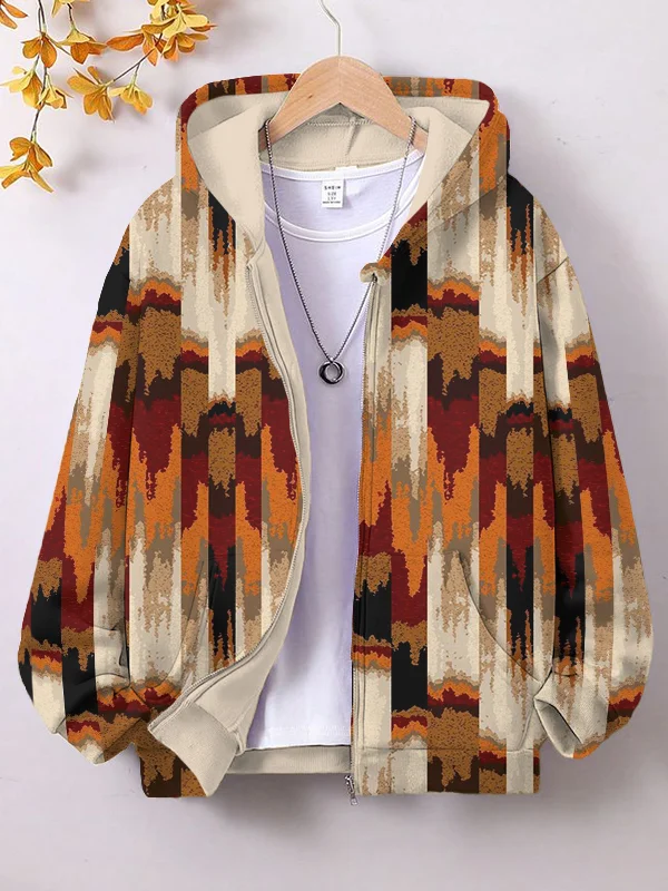 Women's Traditional Geometric Pattern Print Hooded Zip Up Jacket