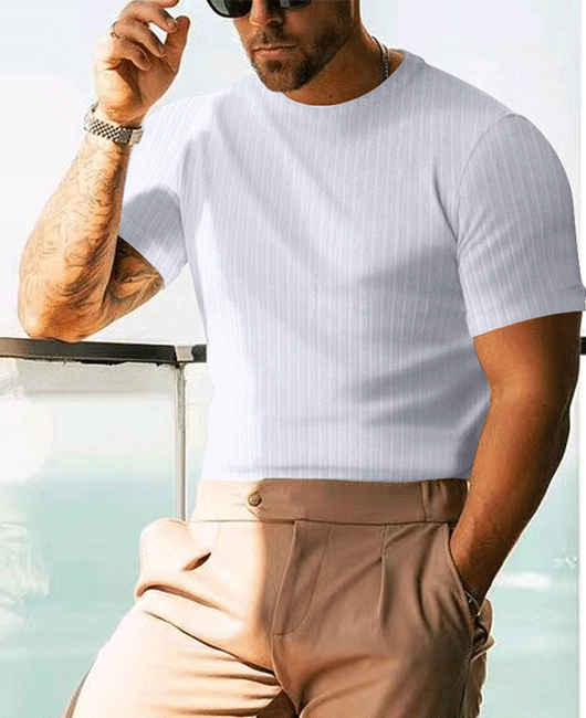 Casual Solid Color Striped Crew Neck Short Sleeve Loose Shirt 