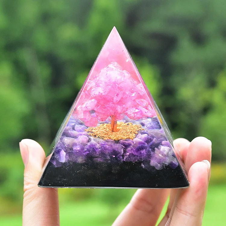 Olivenorma orgone pyramid with amethyst, obsidian and pink crystal