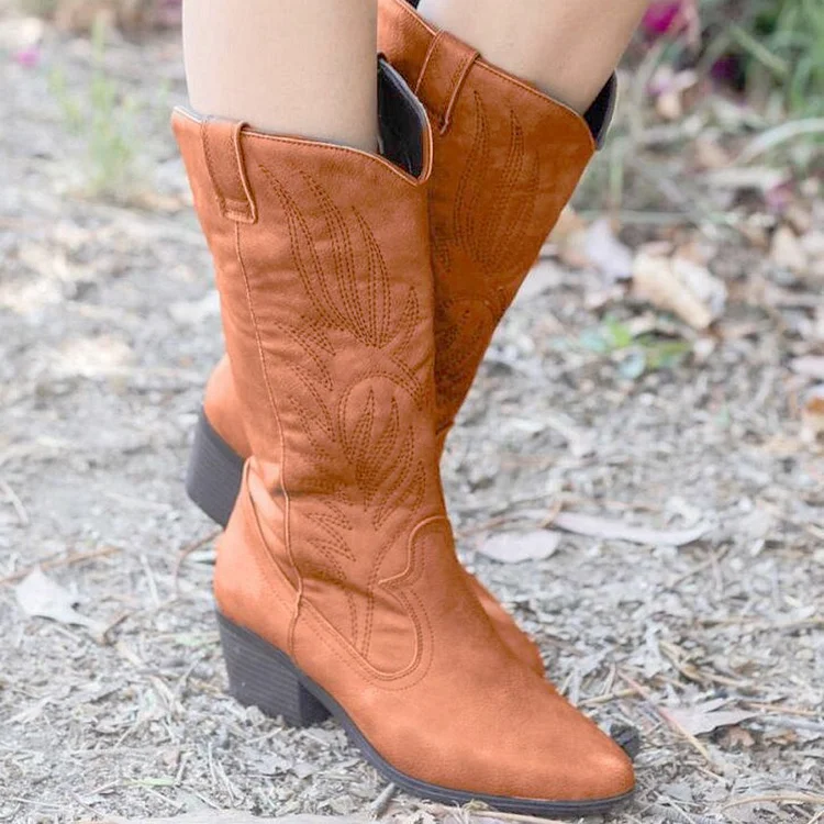 Western mid heel ethnic style leather boots