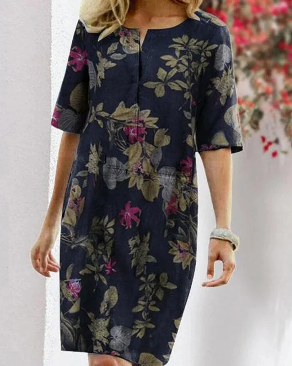 Vintage Linen Cotton Flower Print Dress
