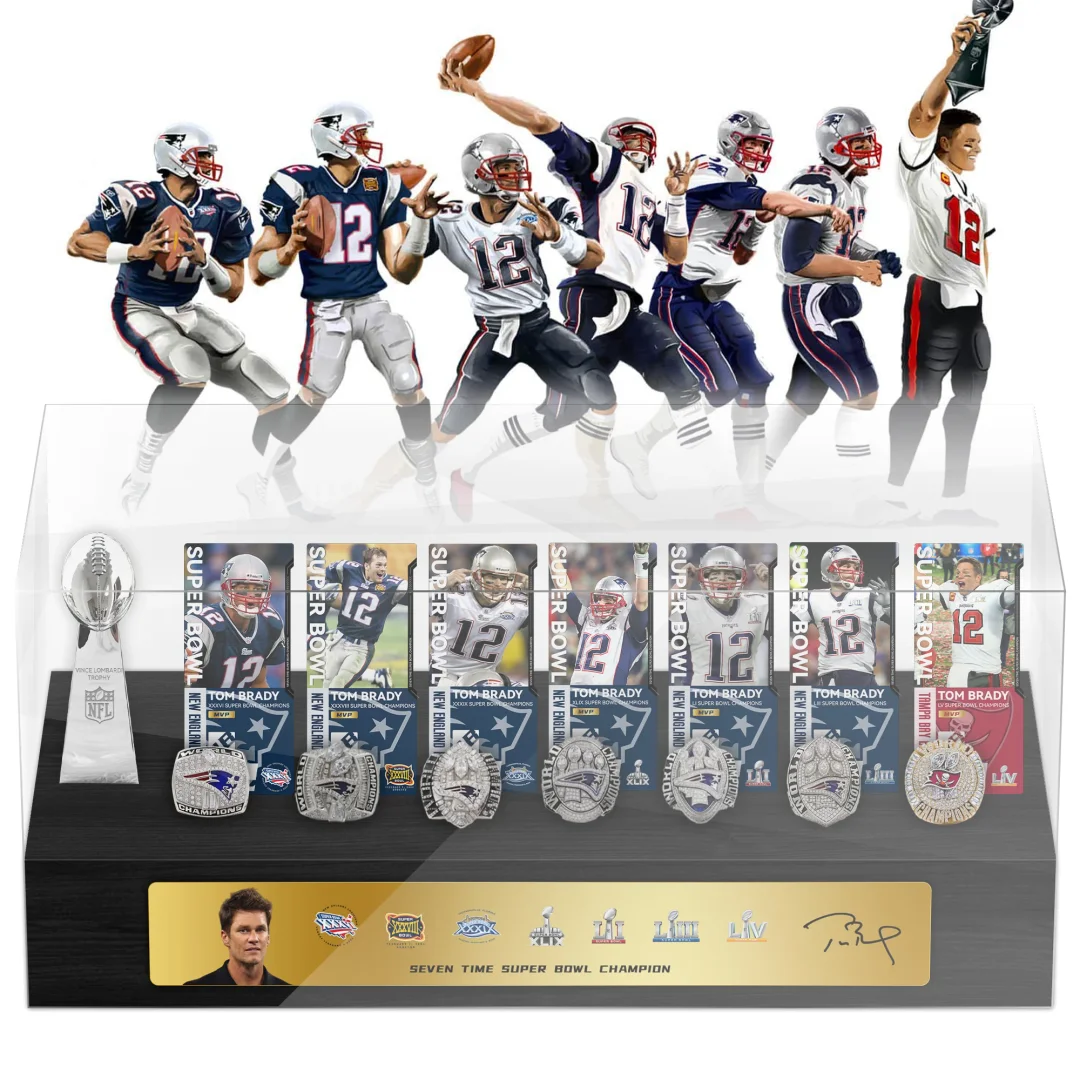 Tom Brady New England Patriots and Tampa Bay Buccaneers 7 Championship Trophy and Ring Display Case