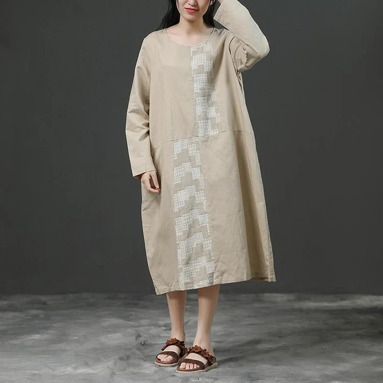 Modern linen cotton Robes 2019 Women Long Sleeve Loose Beige Autumn Dress