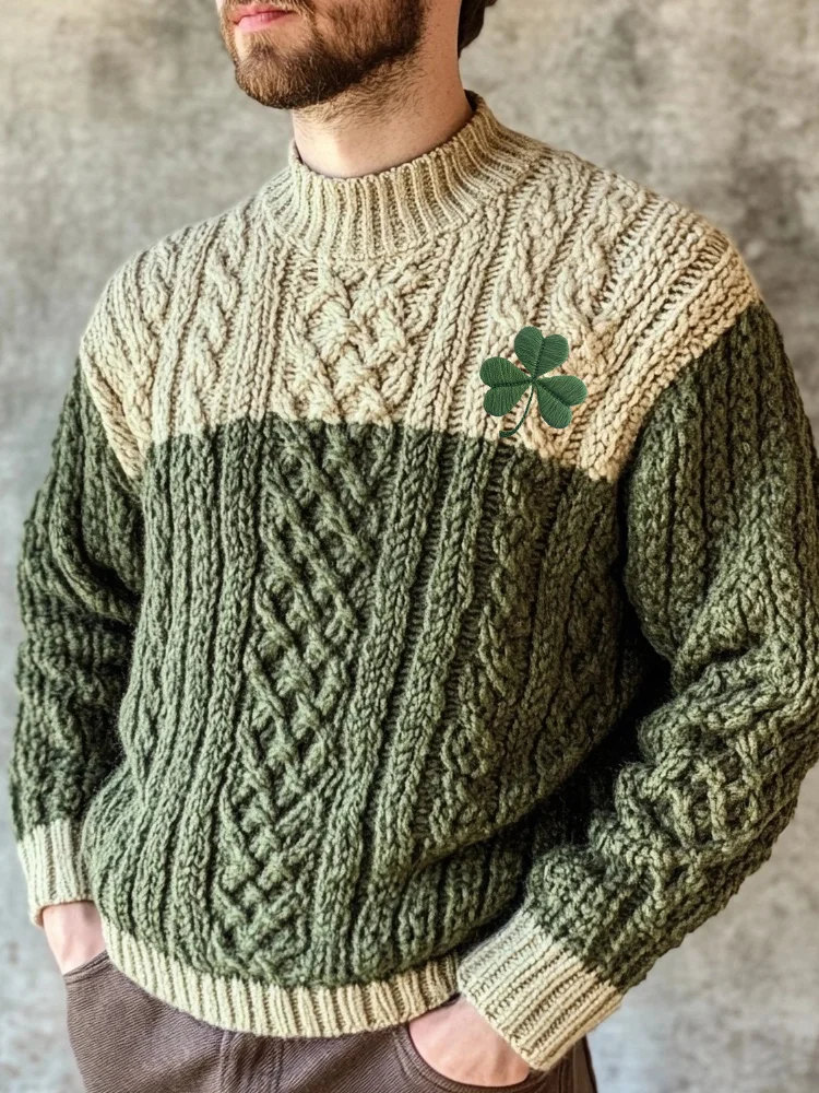 Men's Shamrock Embroidered Celtic Jacquard Contrast Color Sweater