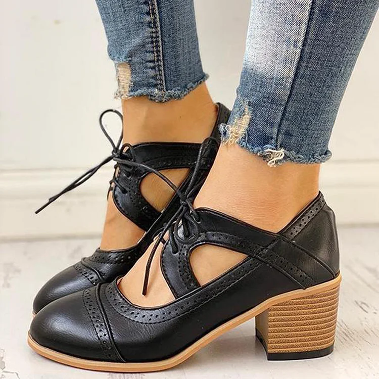 Black Round Toe Chunky Heel Shoes Women's Lace Up Loafers |FSJ Shoes
