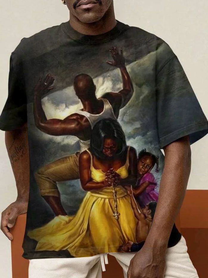 Men's Black Family Graphic Print Short Sleeve Casual T-Shirt