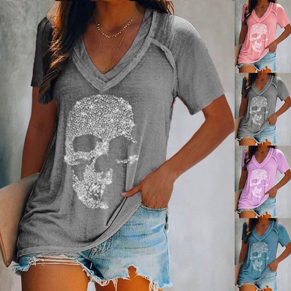 XS-5XL Plus Size Fashion Women Summer Casual Tops Short Sleeved T-shirts Deep V-neck Skull Printed Blouse Ladies Loose Shirts - BlackFridayBuys