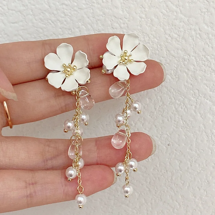 Elegant Flower Pearl Tassel Earrings