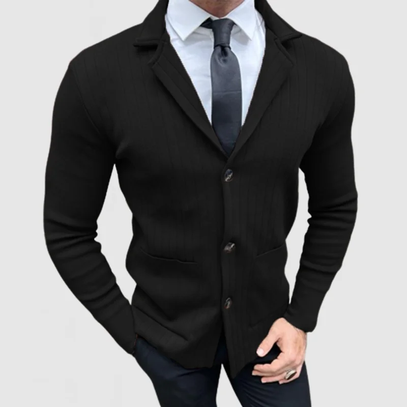 Men's Elegant Lapel Long Sleeve Striped Knit Jacket