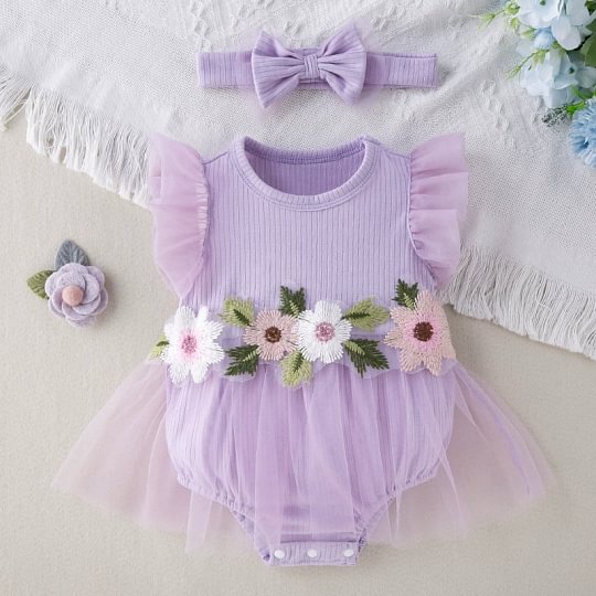 【0M-18M】Girls' Cap Sleeve Romper Dress – Stylish Cute Floral One-Piece