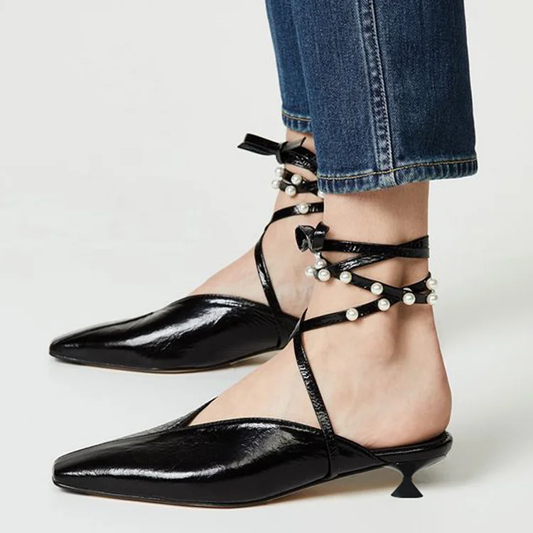 Elegant Black Patent Shoes Women'S Pointed Toe Kitten Heel Pearls Wrapped Pumps |FSJ Shoes