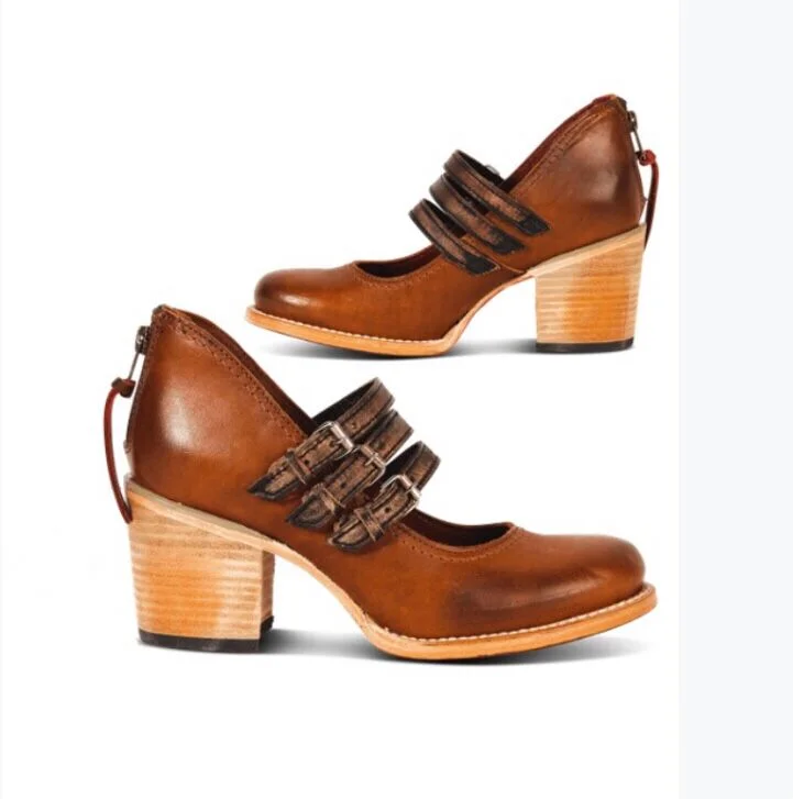 Custom Made Brown Vintage Shoes Block Heel Mary Jane Pumps |FSJ Shoes