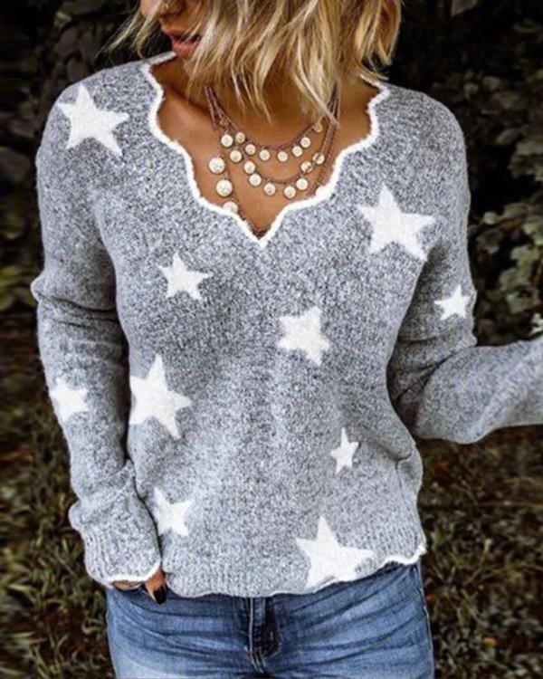 Grey Exotic V Neck Long Sleeve Sweater - Chicaggo