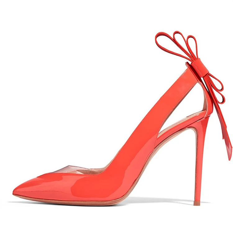 Orange Pointy Toe Stiletto Heels with Bow Detail Vdcoo