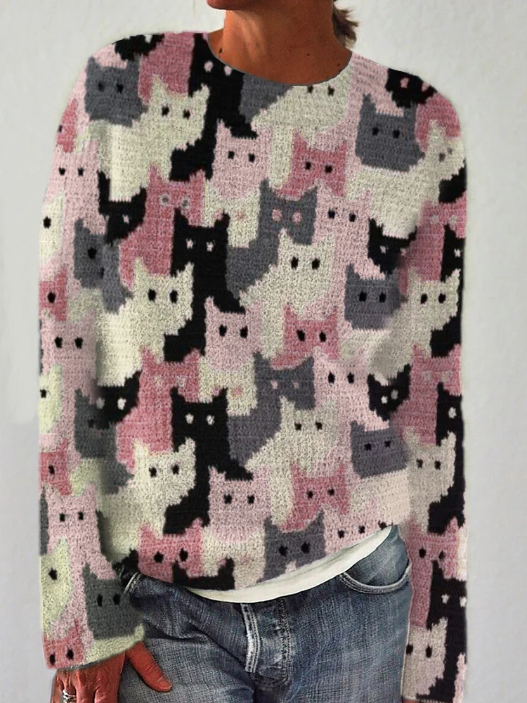 VChics Crowded Cats Pink Knit Art Cozy Sweater