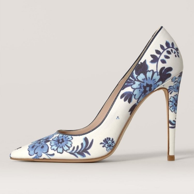 Women's White Floral Heels Pointed Toe Stiletto Heels Pumps |FSJ Shoes