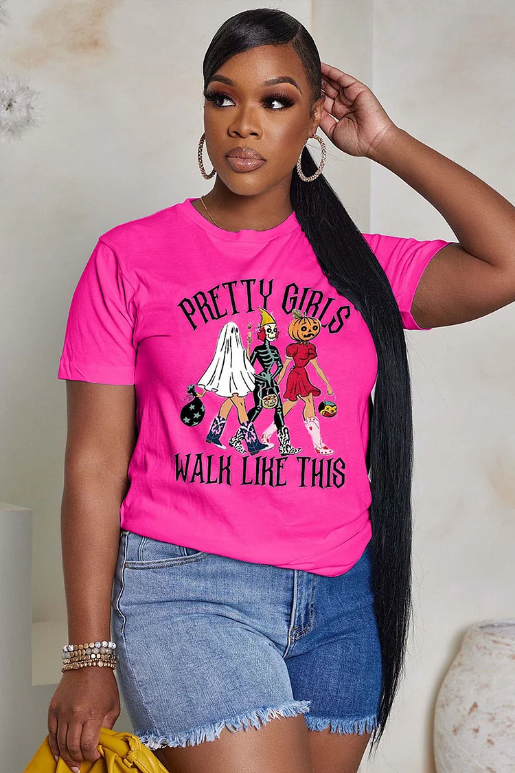 LORAGAL Pretty Girls Walk Like This Print Halloween Characters T-Shirt