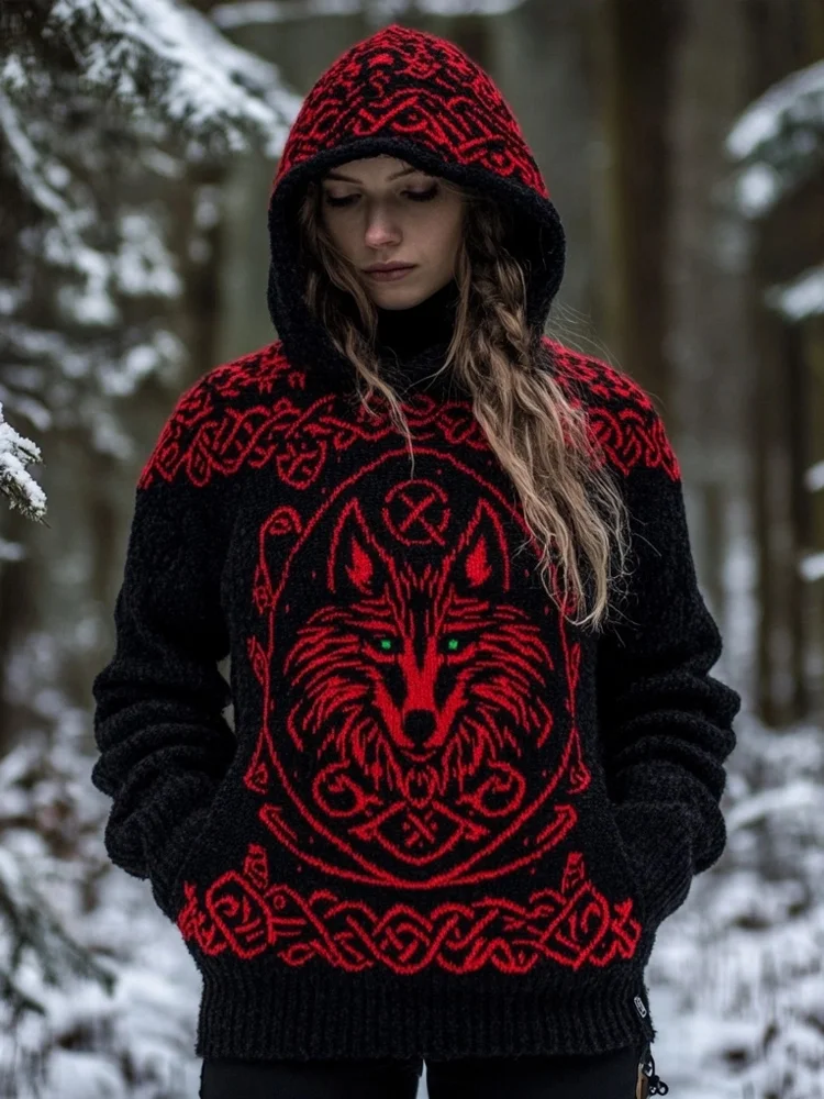Viking Wolf Inspired Celtic Jacquard Cozy Hooded Sweater