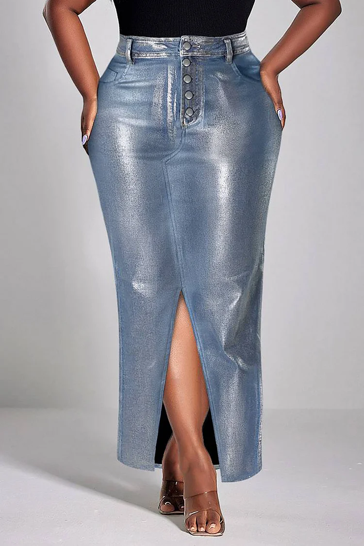 Plus Size Daily Skirts Casual Blue Long Metallic Coating Denim Skirts [Pre-Order]