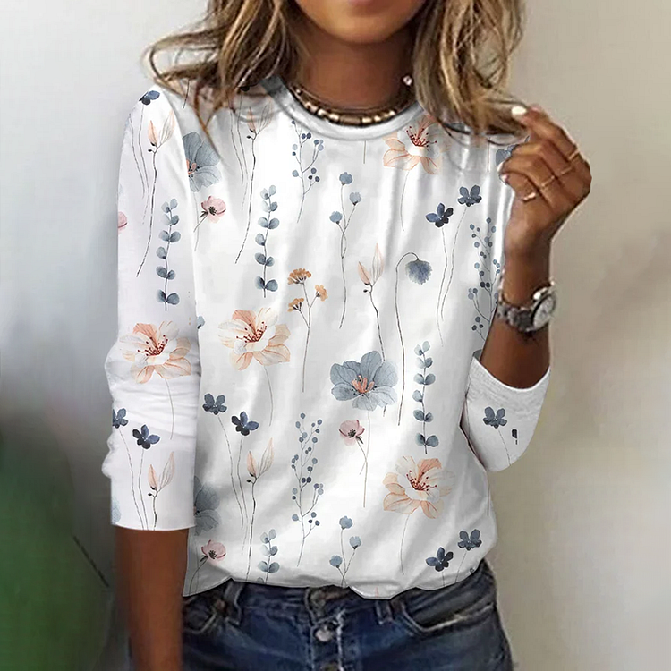 Floral Printed Crew Neck Casual Long Sleeve T-Shirt