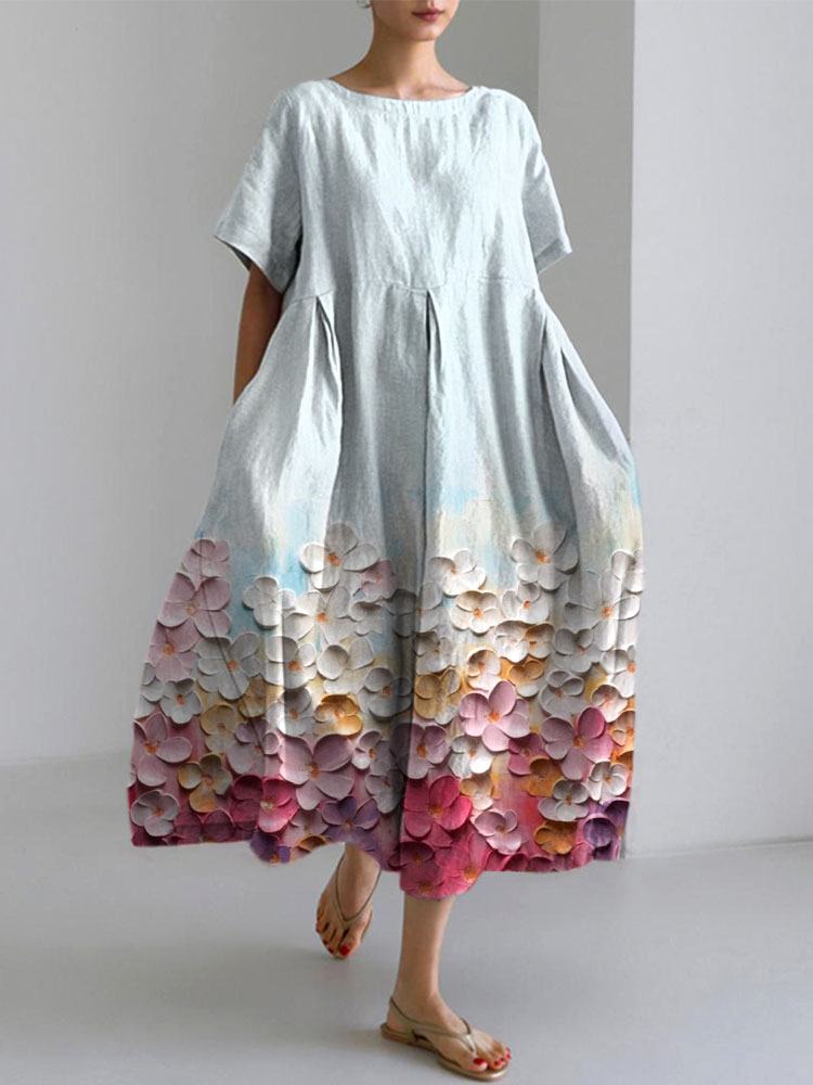 Colorful Flower Oil Painting Art Print Linen Dress