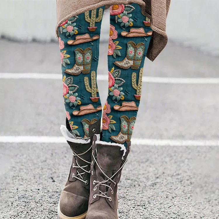 Vintage Western Embroidery Boots Art Printed Casual Leggings