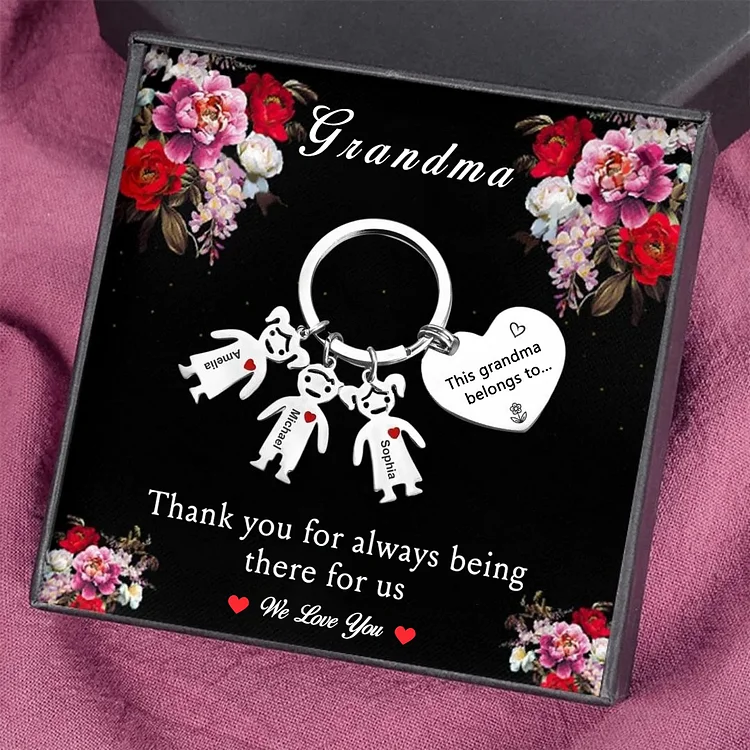 Personalized Keychain with Kid Charm Engraved 3 Names Family Keychain for Grandma