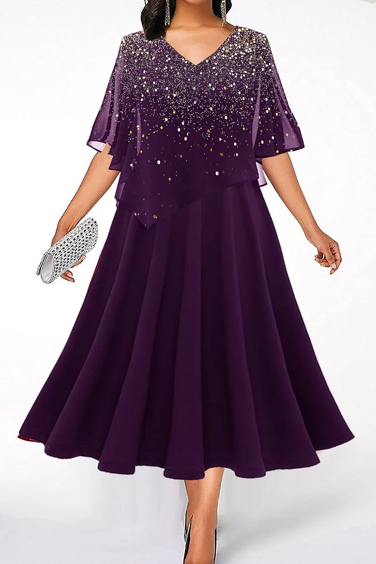 Flycurvy Plus Size Mother Of The Bride Purple Chiffon Sparkly Print Asymmetric Layered Tea-Length Dress  Flycurvy [product_label]
