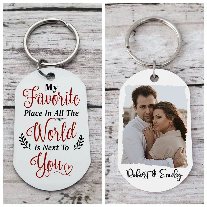 Personalized Couple Photo Keychain Customized 2 Names Keyring Valentine's Day Gifts - My Favorite Place In All The World Is Next To You