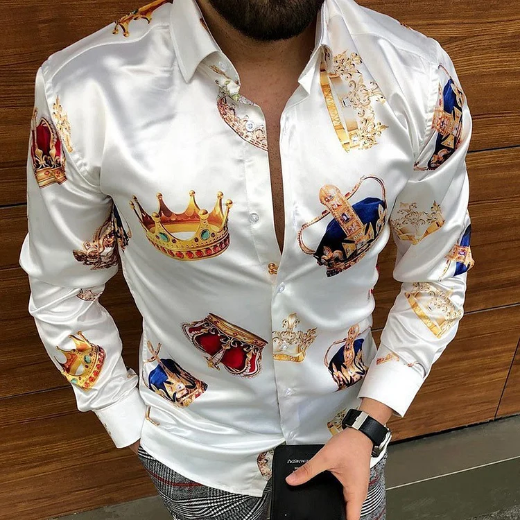 Men's Crown Pattern Turndown Collar Casual Long Sleeve Shirt