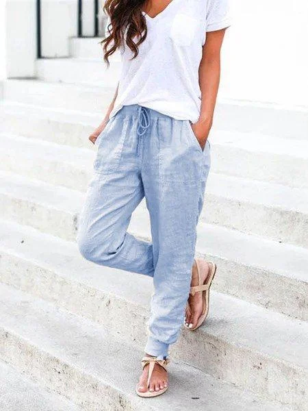 Solid Drawstring Casual Linen Pants Women Trousers socialshop