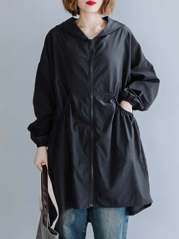 Roomy Long Sleeves Falbala Pure Color Zipper Hooded Outerwear
