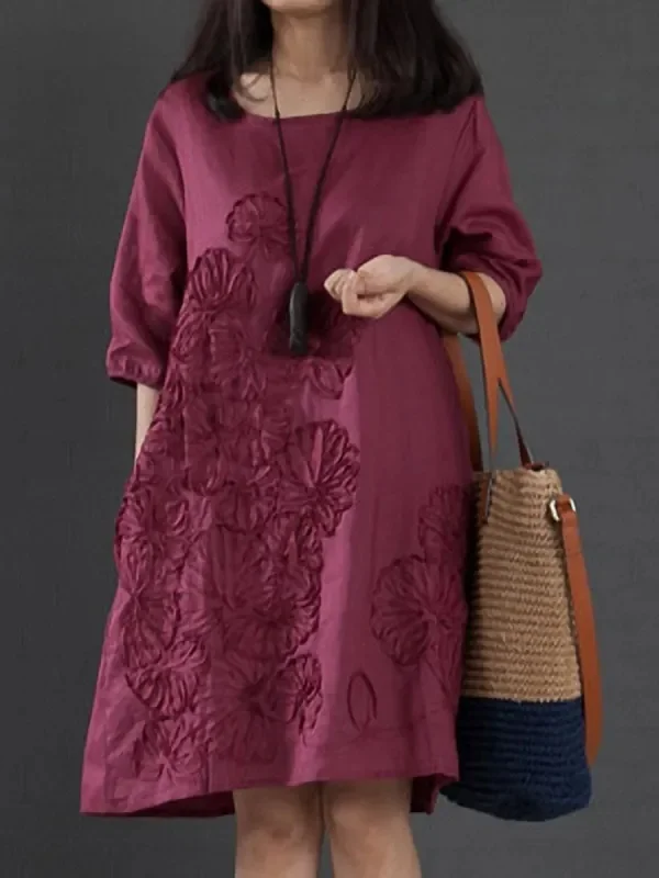 Plus Size Loose Thin Embroidered Midi Dress